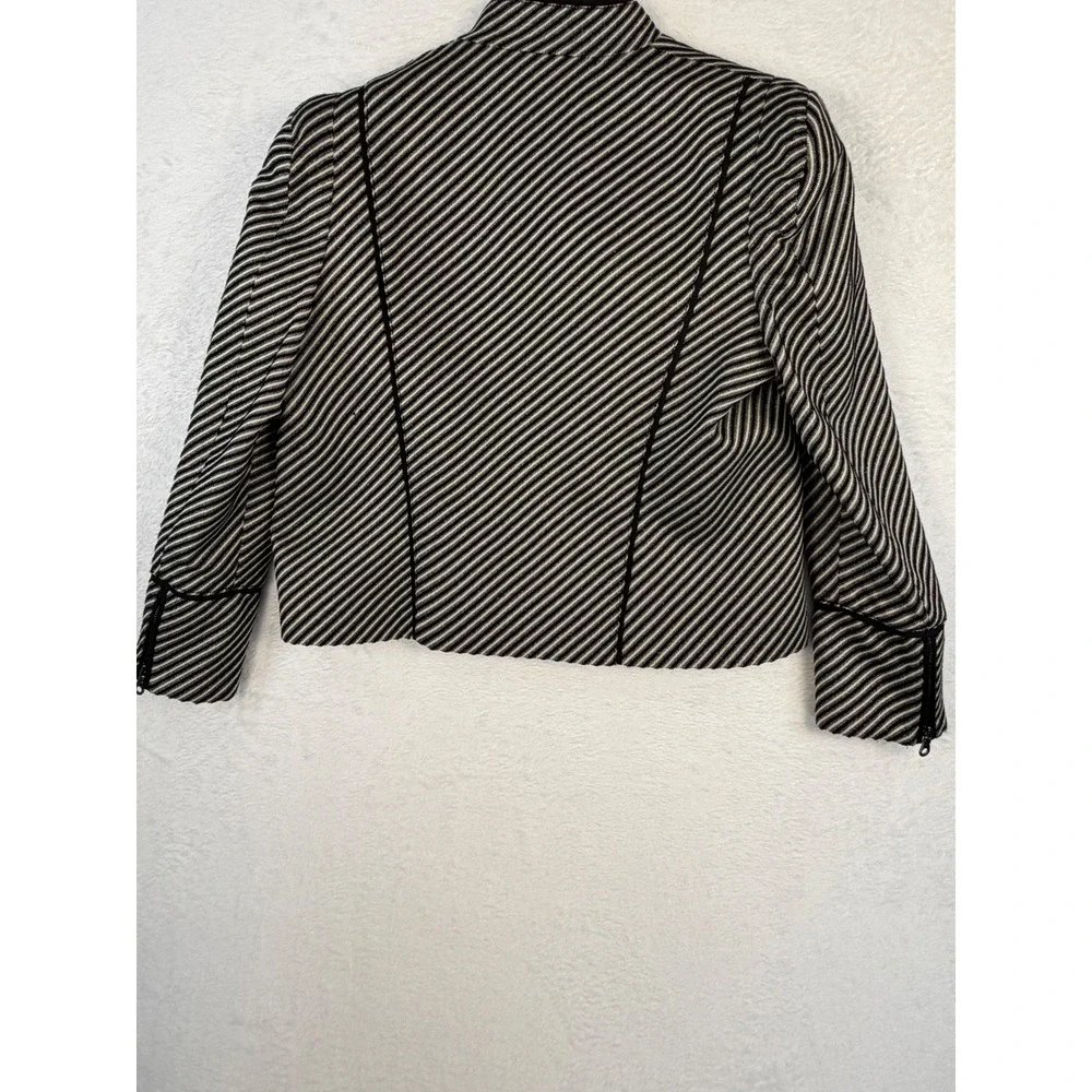 Jaeger London Striped Moto Jacket Black White Asymmetrical Zip Funnel Neck US 12